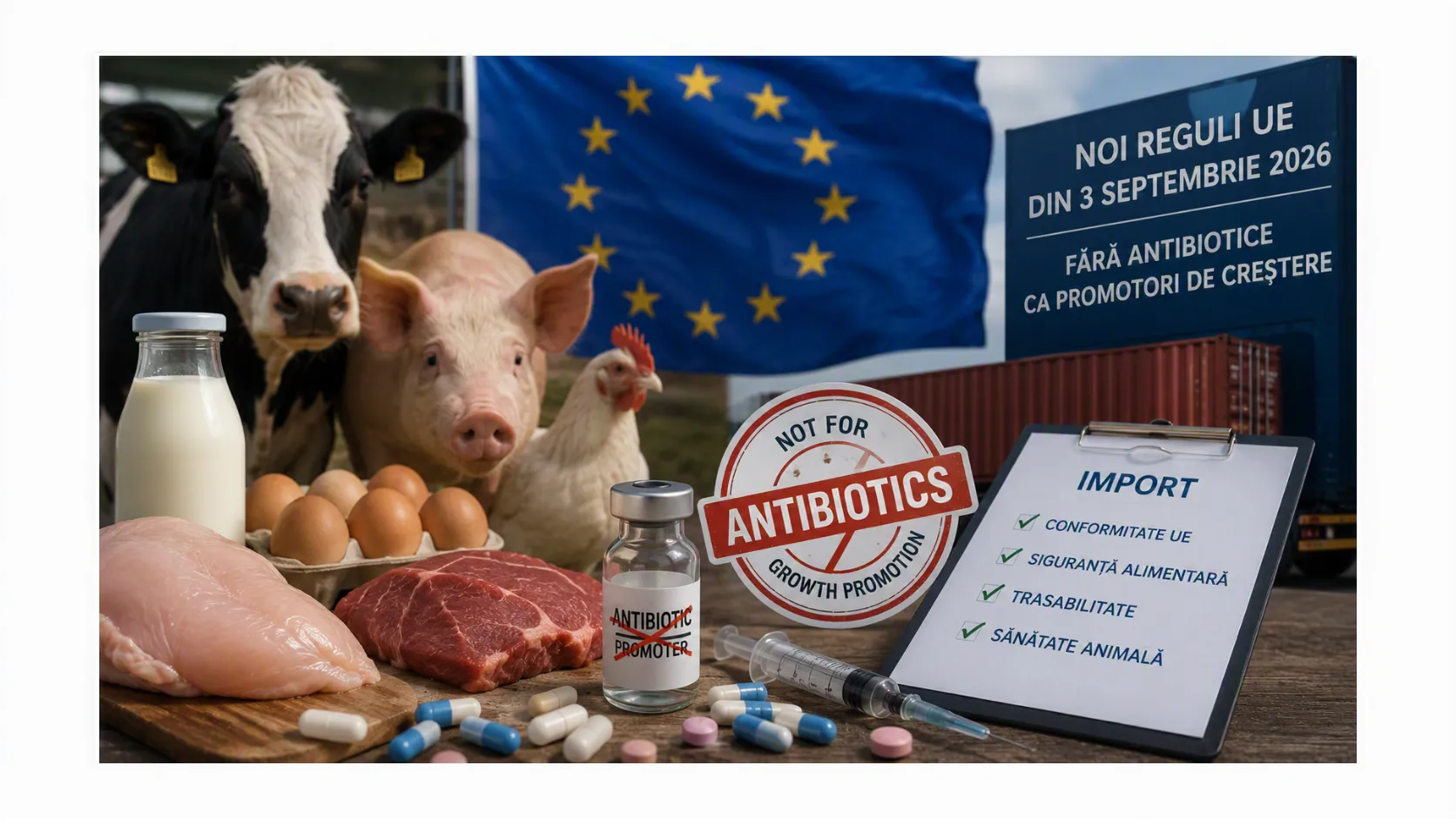 UE va permite importul de animale vii, carne, lapte, ouă și alte produse de origine animală numai din state care pot demonstra oficial că animalele nu au fost tratate cu antibiotice...