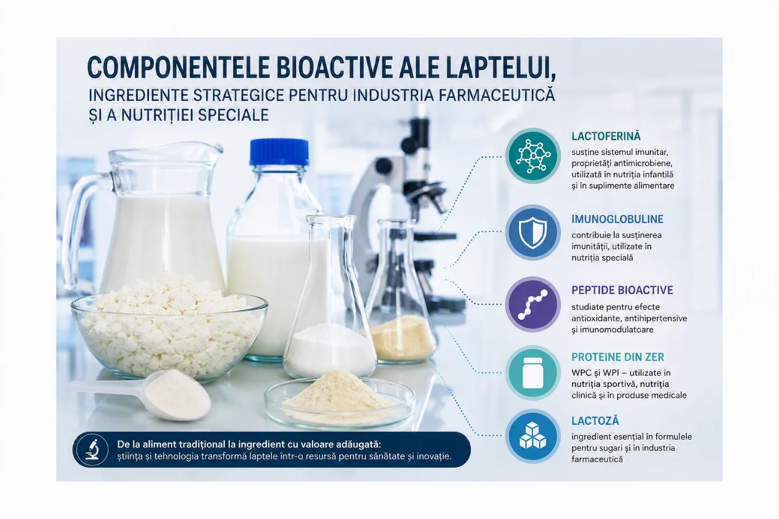 ingrediente bioactive se numără lactoferina, imunoglobulinele și anumite peptide bioactive