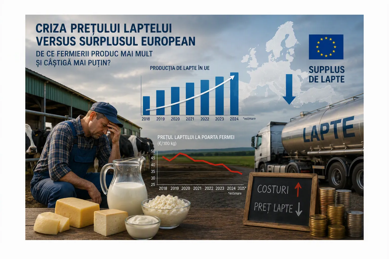 Criza prețului laptelui versus surplusul european: de ce fermierii produc mai mult și câștigă mai puțin?
