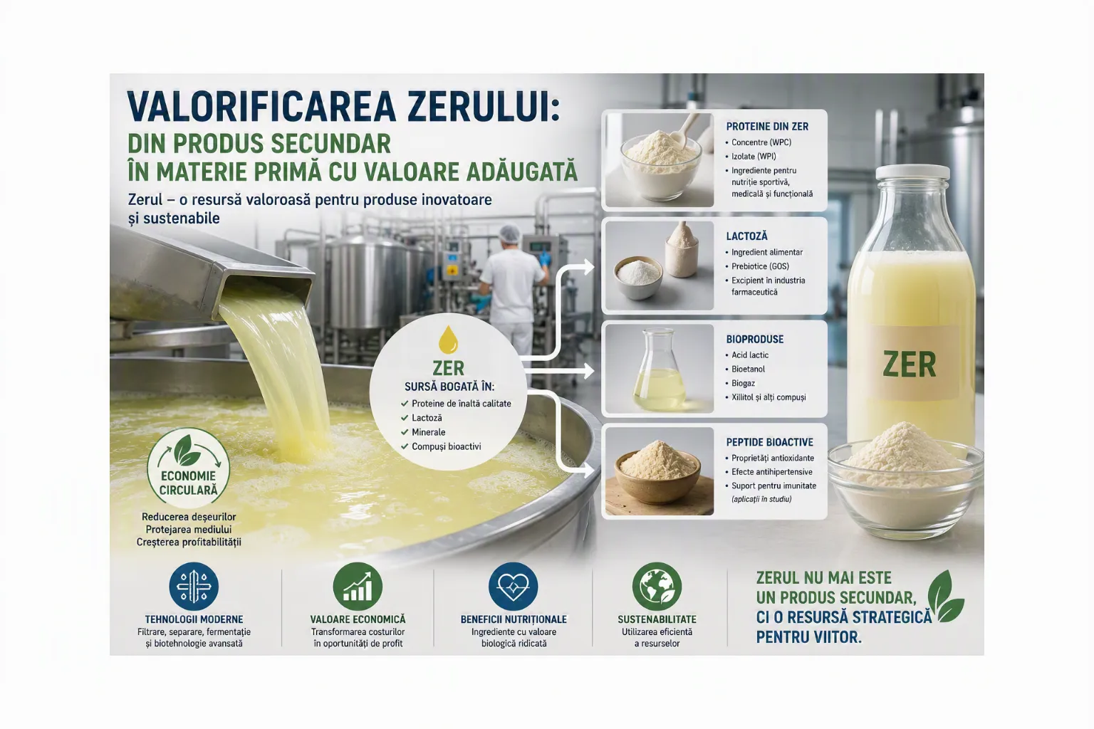 Din perspectivă economică și de mediu, valorificarea integrală a zerului reprezintă un exemplu de economie circulară.