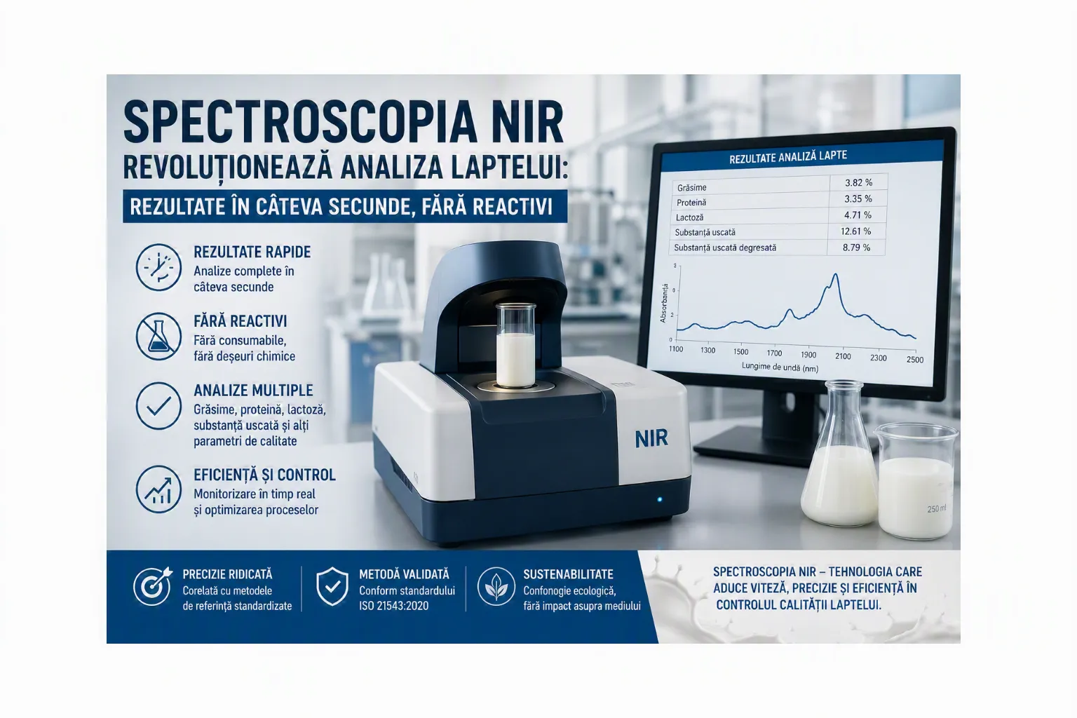 Principiul este simplu: moleculele din lapte absorb radiația în infraroșu apropiat în mod diferit, iar spectrul obținut este analizat prin modele chimiometrice.