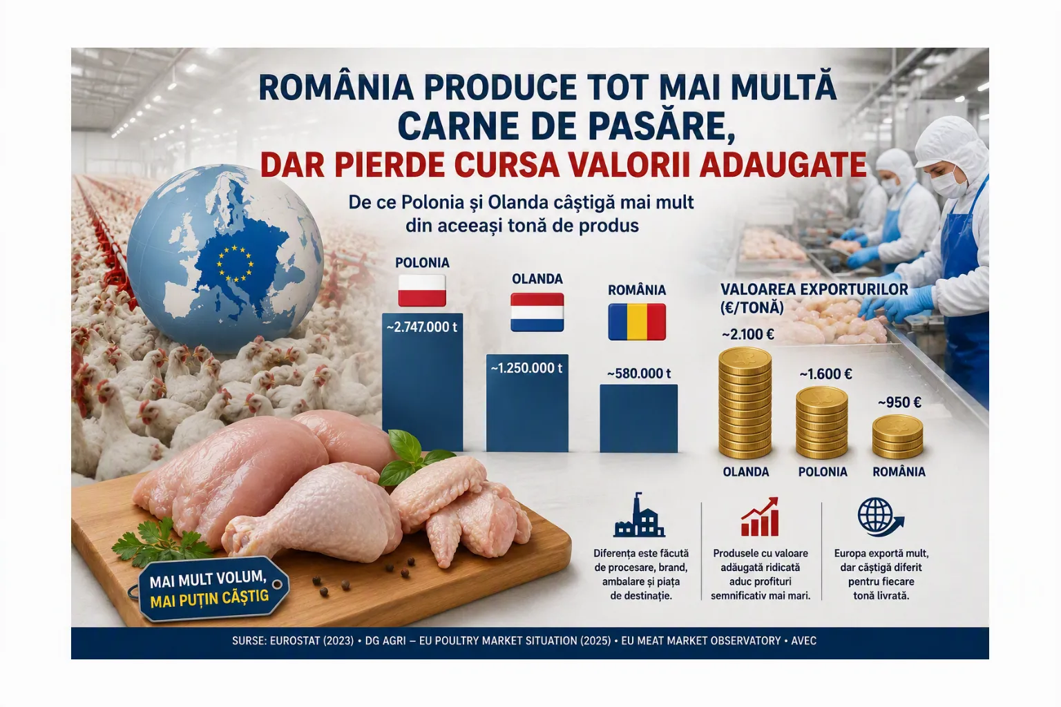 Europa produce anual peste 13 milioane de tone de carne de pasăre...