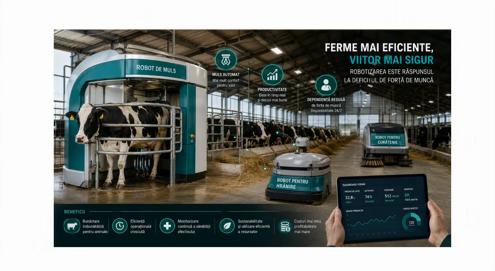 Sistemele automate de muls dezvoltate de companii precum Lely, DeLaval, GEA și BouMatic permit vacilor să fie mulse voluntar....