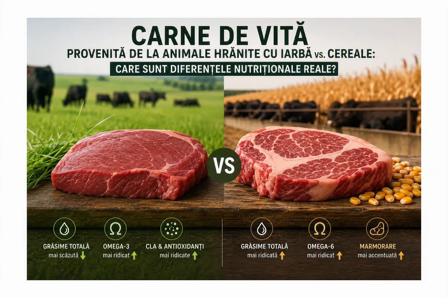 Nivelurile de acid linoleic conjugat (CLA), acid vaccenic, precum și ale acizilor grași EPA și DPA sunt, în medie, mai ridicate decât în carnea provenită din sisteme bazate pe cereale.