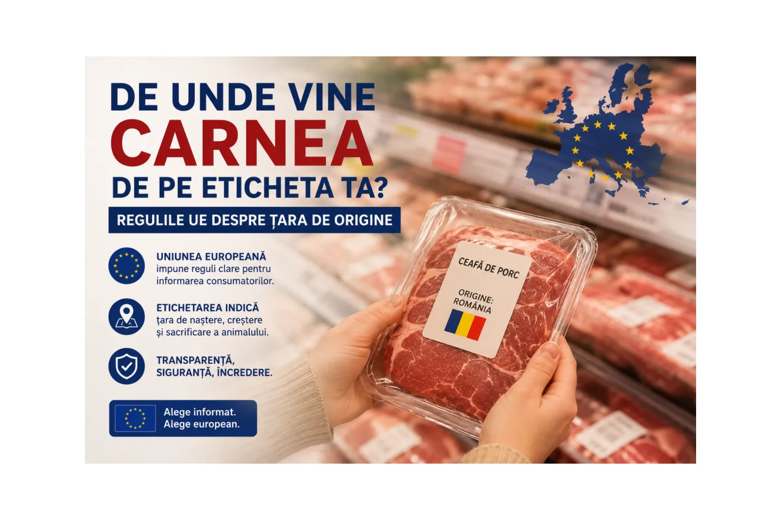 Pentru carnea de vită, regula europeană este cea mai veche și cea mai strictă: încă din 2000/2002, Regulamentul (CE) nr. 1760/2000