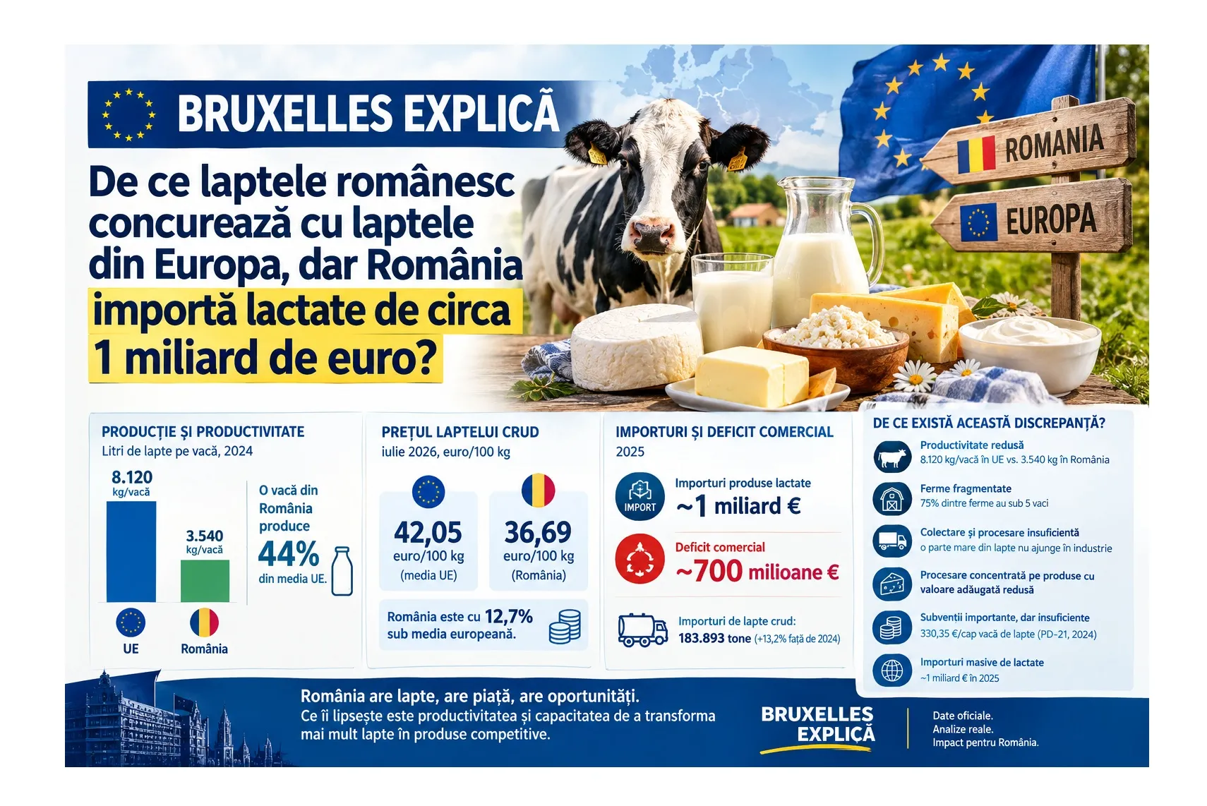 BRUXELLES EXPLICĂ | De ce laptele românesc concurează cu laptele din Europa, dar România importă lactate de circa 1 miliard de euro?