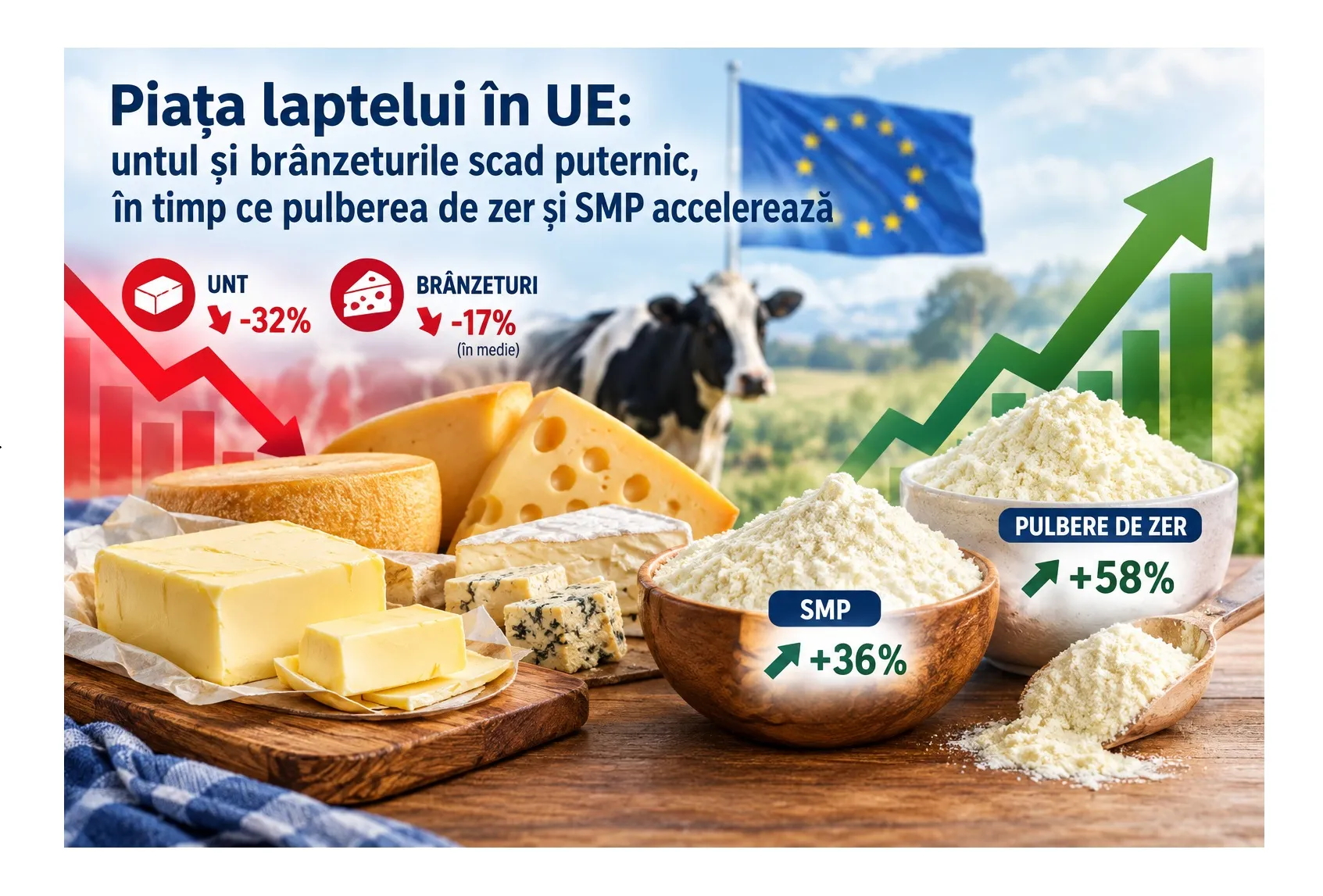 Prețul mediu european al untului a ajuns, în săptămâna 38, încheiată la 20 septembrie 2026, la 416 €/100 kg, în scădere...