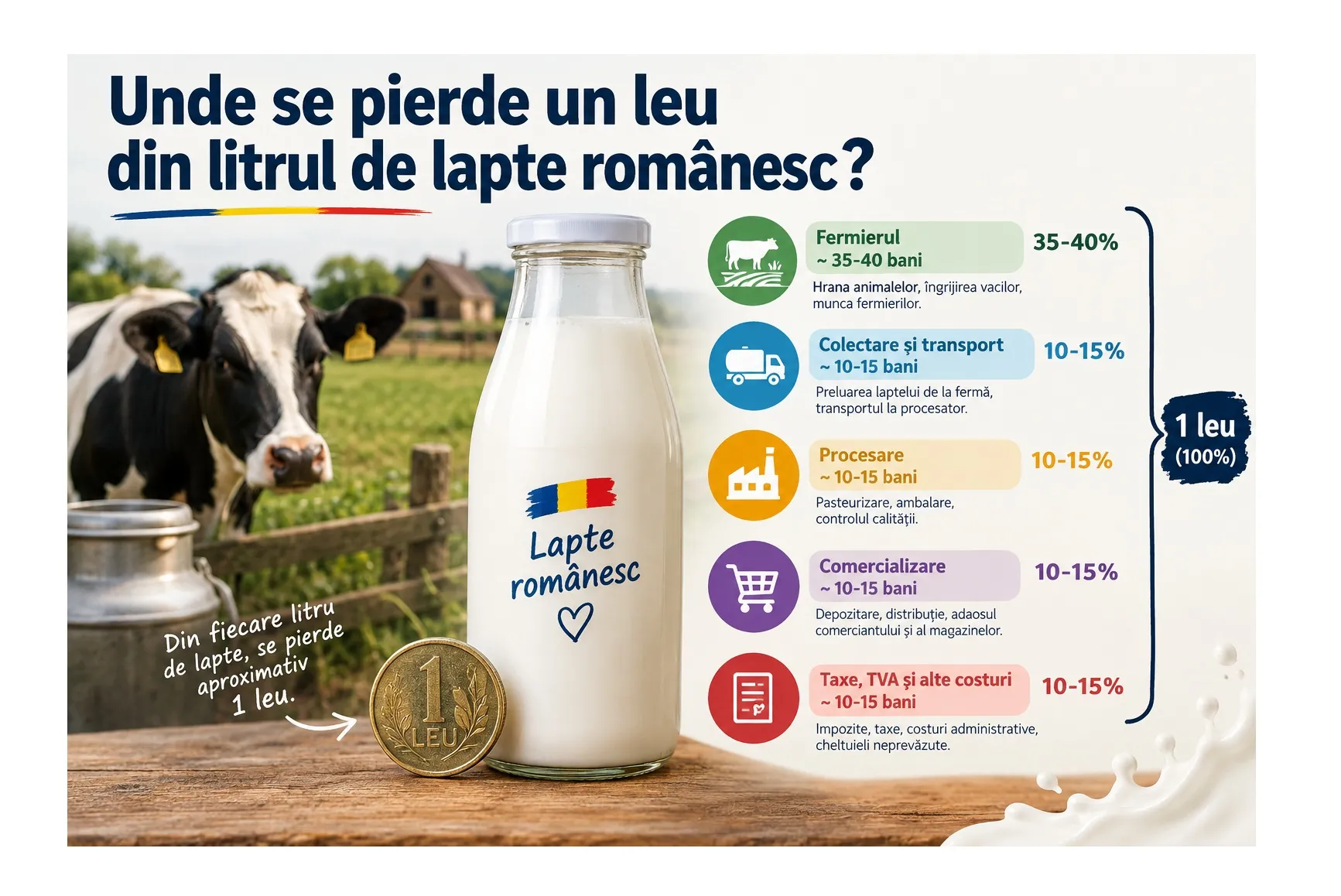 Unde se pierde un leu din litrul de lapte românesc?